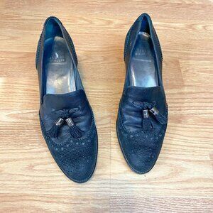 Stuart Weitzman Black Loafer Block Heels with Tassels